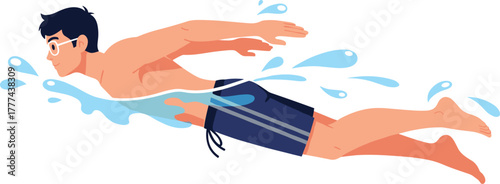 Cartoon illustration of a male swimmer in motion wearing blue swim trunks, splashing water, and swimming forward with glasse