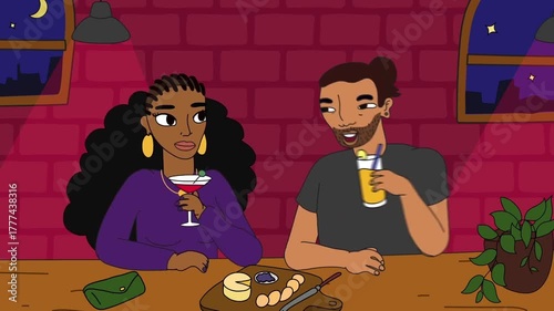 Couple enjoying dinner together — romance, relationship, and love concept in cozy animated evening café scene