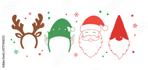 Christmas decorations. A photo booth and scrapbooking kit. Deer antlers, an elf hat and ears, Santa Claus, and a gnome.