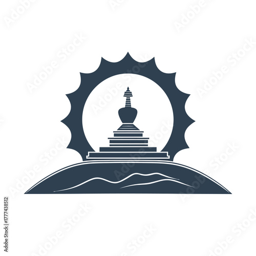 Stylized illustration of a stupa symbol with sun and hill elements