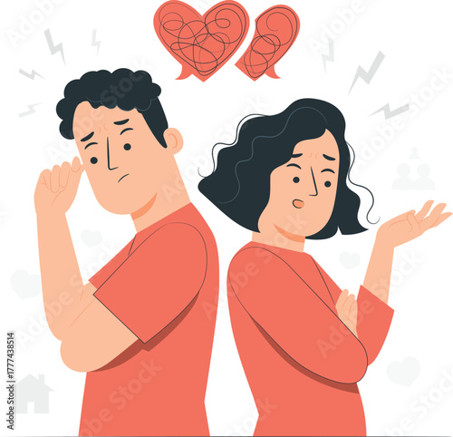 Couple arguing with tangled hearts above heads argument conflict