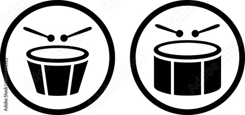 Simple Drum Icon Set in Black Solid Silhouette - Music Instrument Logo and Symbol Vectors