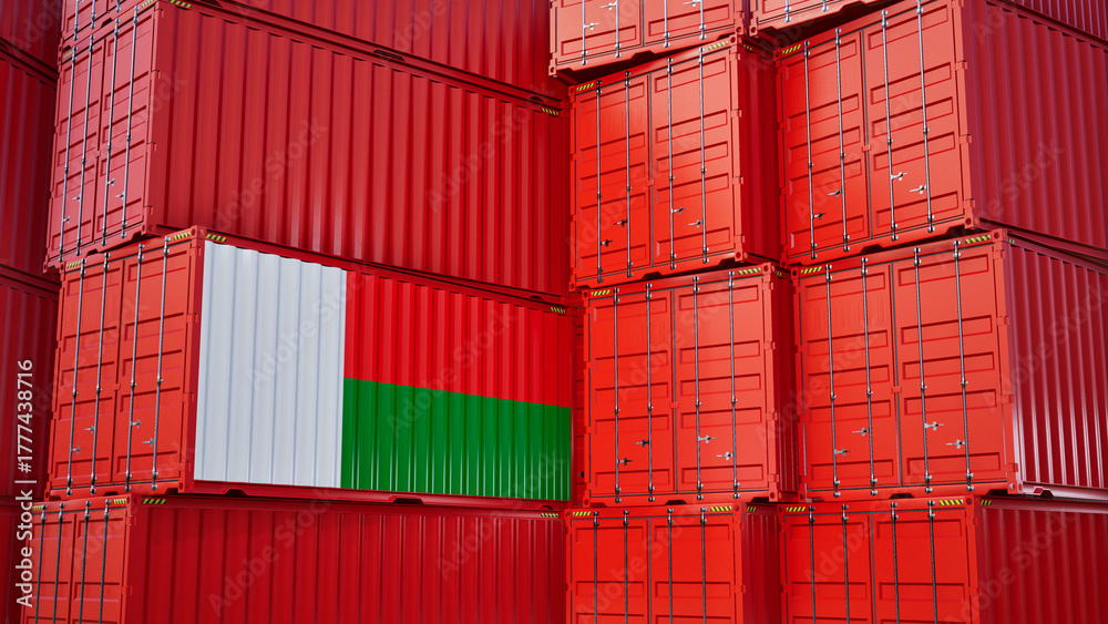Fototapeta premium Cargo shipping container with madagascar flag, shipping and freight transportation of madagascar concept.