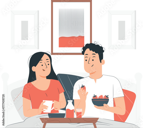 Couple Enjoying Breakfast in Bed with Tray of Food morning