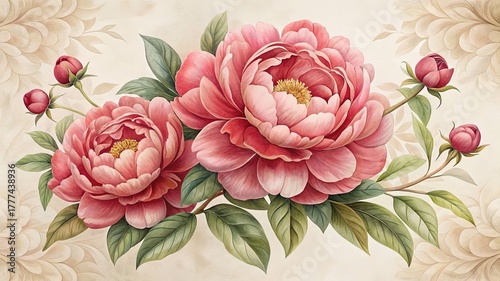 Elegant pink peony flowers with green leaves on light background