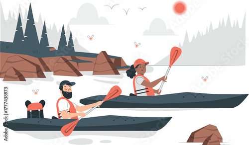 Couple kayaking on a lake with mountains in background woman canoe