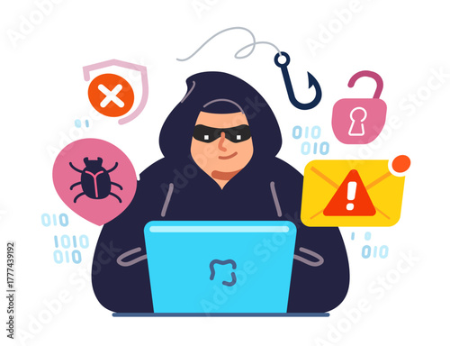 Hacker with laptop stealing personal data. Phishing attack, malware, virus, cyber security and internet privacy