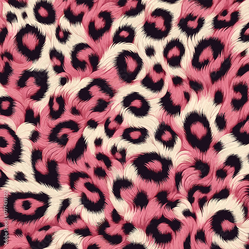 Trendy pink leopard fur texture with spotted animal pattern, ideal for fabric design, stylish wallpaper, and camouflage background.