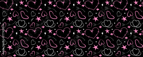 Bold alternative seamless vector pattern featuring vibrant pop-pink and white doodle hearts, arrows, and stars on deep black background, perfect for teen textile or edgy Valentine's digital paper.