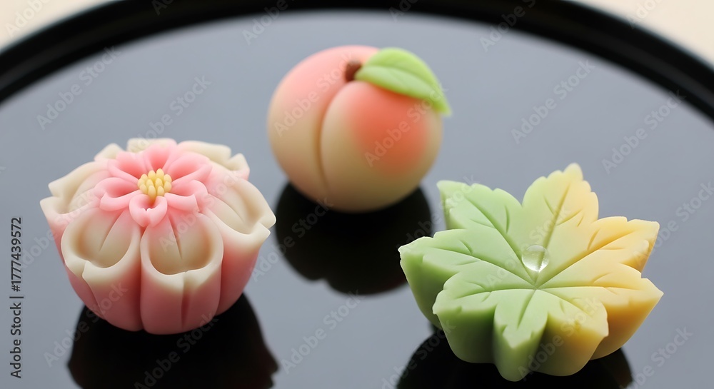 custom made wallpaper toronto digitalExquisite Japanese Wagashi: Peach, Maple Leaf, and Flower Sweets on Black Surface