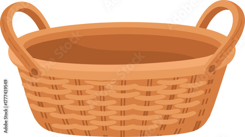 Empty oval woven basket with two handles, light brown wicker texture, traditional design for storage, carrying, or home decor
