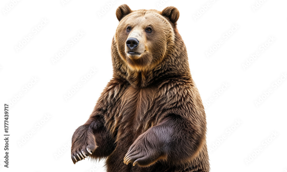 Obraz premium A detailed close-up of a brown bear standing proudly, showing strength and texture, isolated on a bright white background for stock and nature themes.