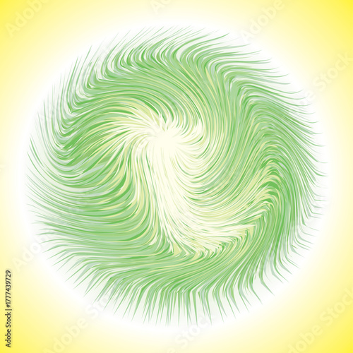 Bright circle fantasy midpoint feather drawing shape design. Big fuzzy magic sphere form effect in modern artist cartoon creative line style. Lime color motley power boom ball symbol on fond for text