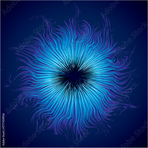 Bright cold cyan circular midpoint shape mystic art design. Sacred magic soul disc sphere form in modern creative tech line style. Navy aqua color motley power blast ball symbol on dark fond for text