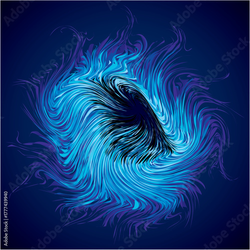 Bright cold cyan circular midpoint shape mystic art design. Sacred magic soul disc sphere form in modern creative tech line style. Navy aqua color motley power blast ball symbol on dark fond for text