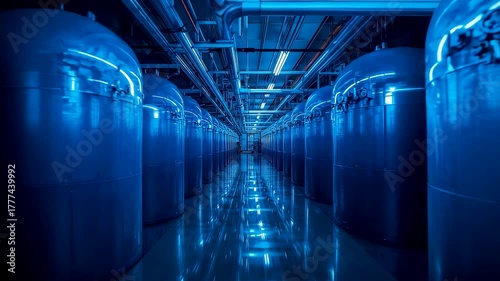 Inside Massive Blue Stainless Steel Tanks in Ultra Clean Industrial Brewery Pipeline Corridor