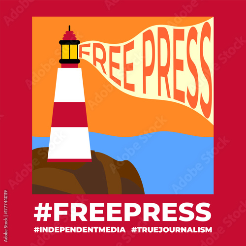 Free press abstract art, Lighthouse emitting light with text - free press, concept of independent media, true journalism.