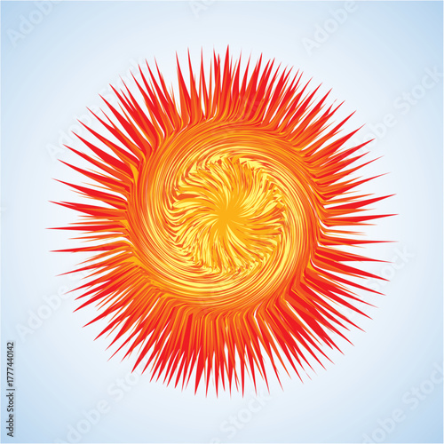 Artistic bright warm red burn circle midpoint drawing shape design. Optical illusion fuzzy round sphere form in art cartoon creative style. Yellow color motley power boom symbol on sky space for text
