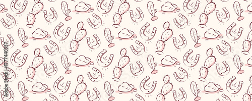 Seamless western pattern with cowboy, cowgirl and rodeo doodles like cacti and horseshoes in pink vintage style. This cowgirl pattern suits textile prints, wallpapers or ranch inspired decor.
