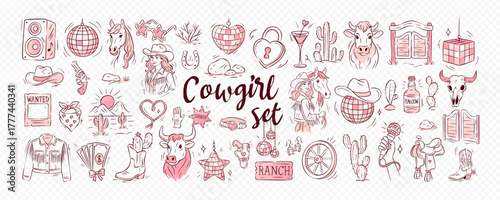 Western icon set with cowgirl, cowboy, hat, boots and bachelorette party doodles in pink vintage style. This cowgirl western vector is ideal for stickers, decor, cocktails or themed illustrations.