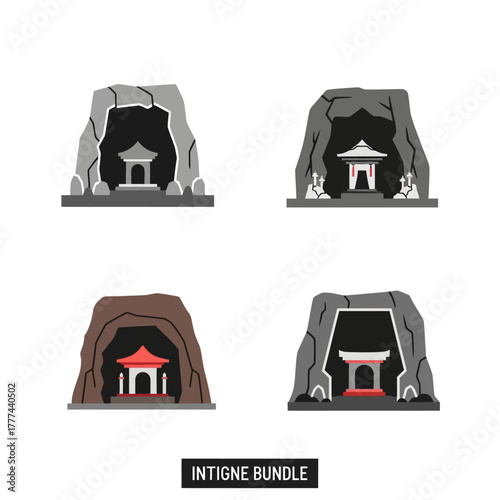 Asian Temple Caves Illustration Bundle with Traditional Pagodas.