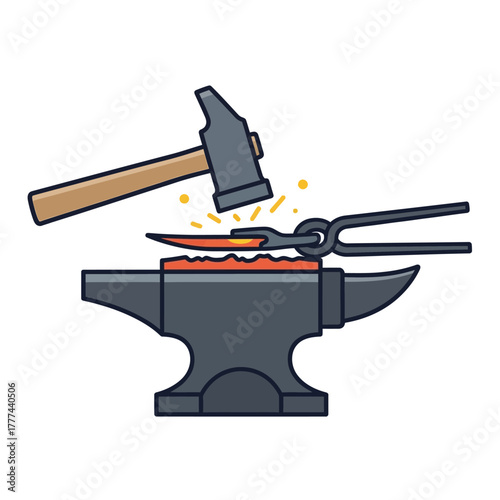 Blacksmith hammer striking hot metal on an anvil illustration.