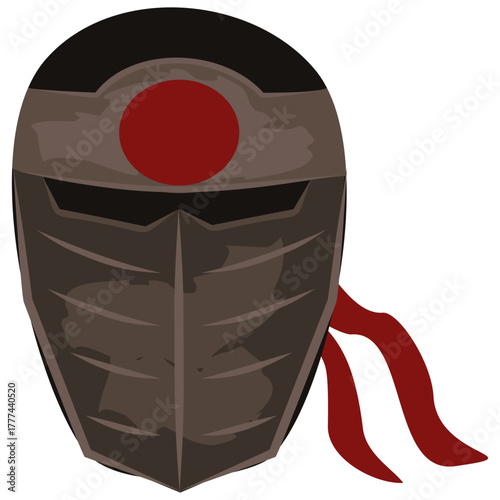 Isolated vector icon of a stylized Japanese ninja mask (Menpo) or war helmet with a red disc emblem. Dark martial arts headpiece is ideal for high-rank symbols, stealth class icons, and game UI assets
