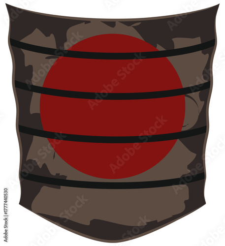 Isolated vector icon of a stylized Japanese martial arts torso armor (Dō) or ceremonial shield, with a central red disc. Stealth warrior emblem is perfect for game character bases, ninja class icons