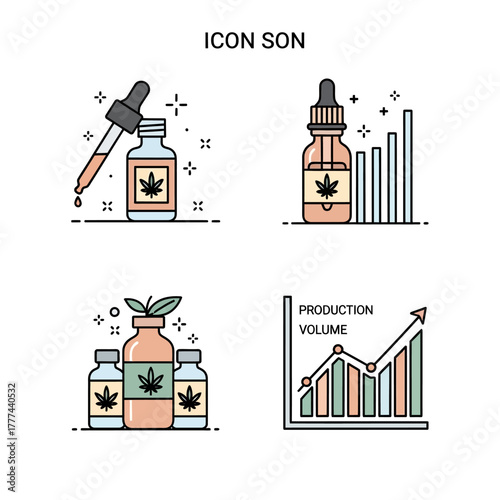 Cannabis industry production volume and product icons set.