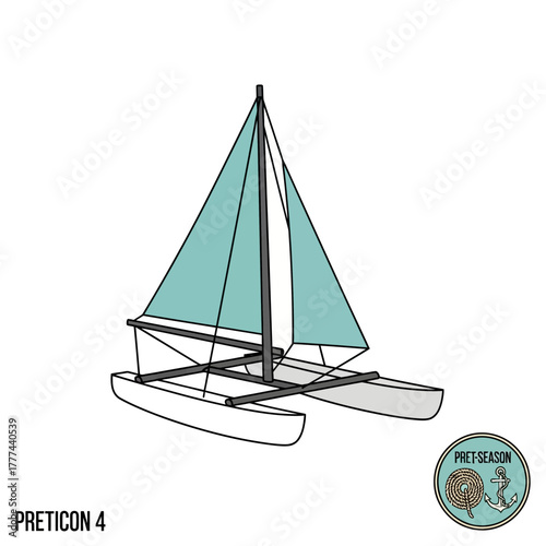Catamaran sailboat with teal sails on a white background.