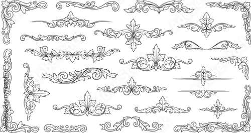 Ornate decorative flourishes, borders, and corner elements in black and white vector style for invitations, certificates, and design use