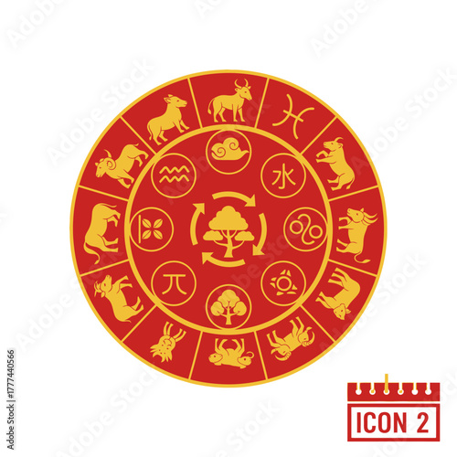 Chinese Zodiac Wheel with Animals and Elements.