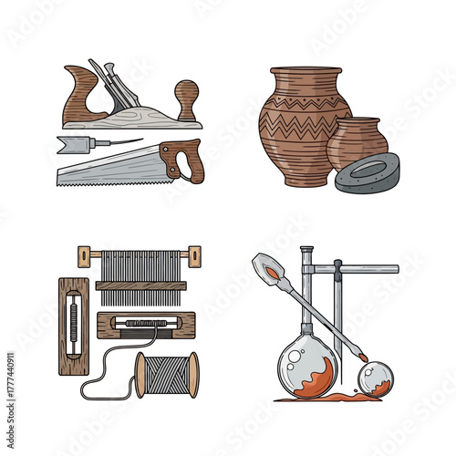 Collection of Traditional Craft and Scientific Tools Illustrations.