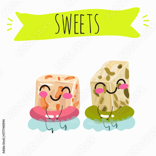 Tasty nougat, turkish delight, Halva confection, funny characters, hand drawn vector illustration.