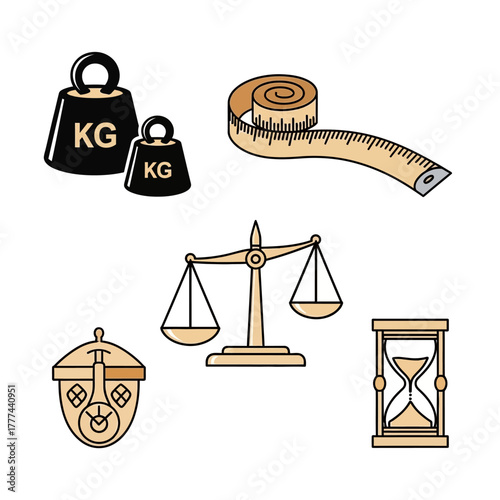 A collection of vintage measurement tools and symbols.
