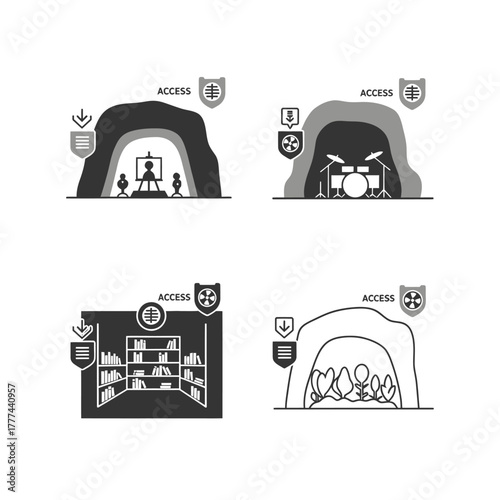 Access granted to various locations with security shields and symbols.