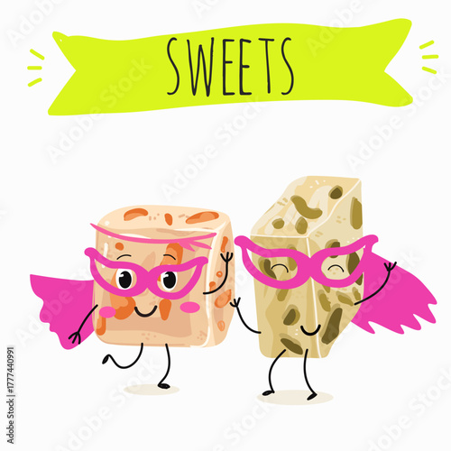 Tasty nougat, turkish delight, Halva confection, funny characters, hand drawn vector illustration.