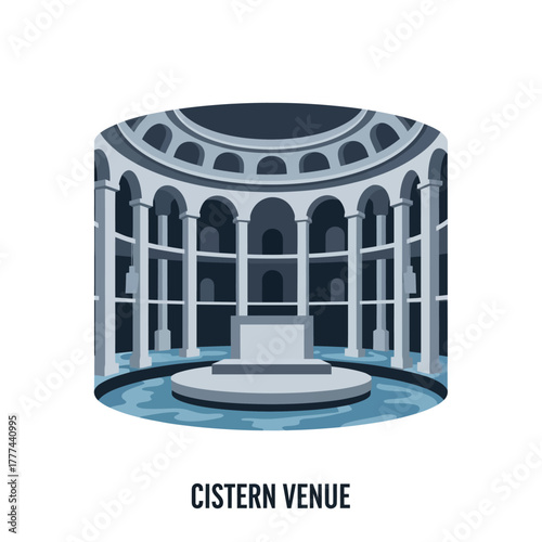 Ancient Cistern Venue with Arches and Columns.