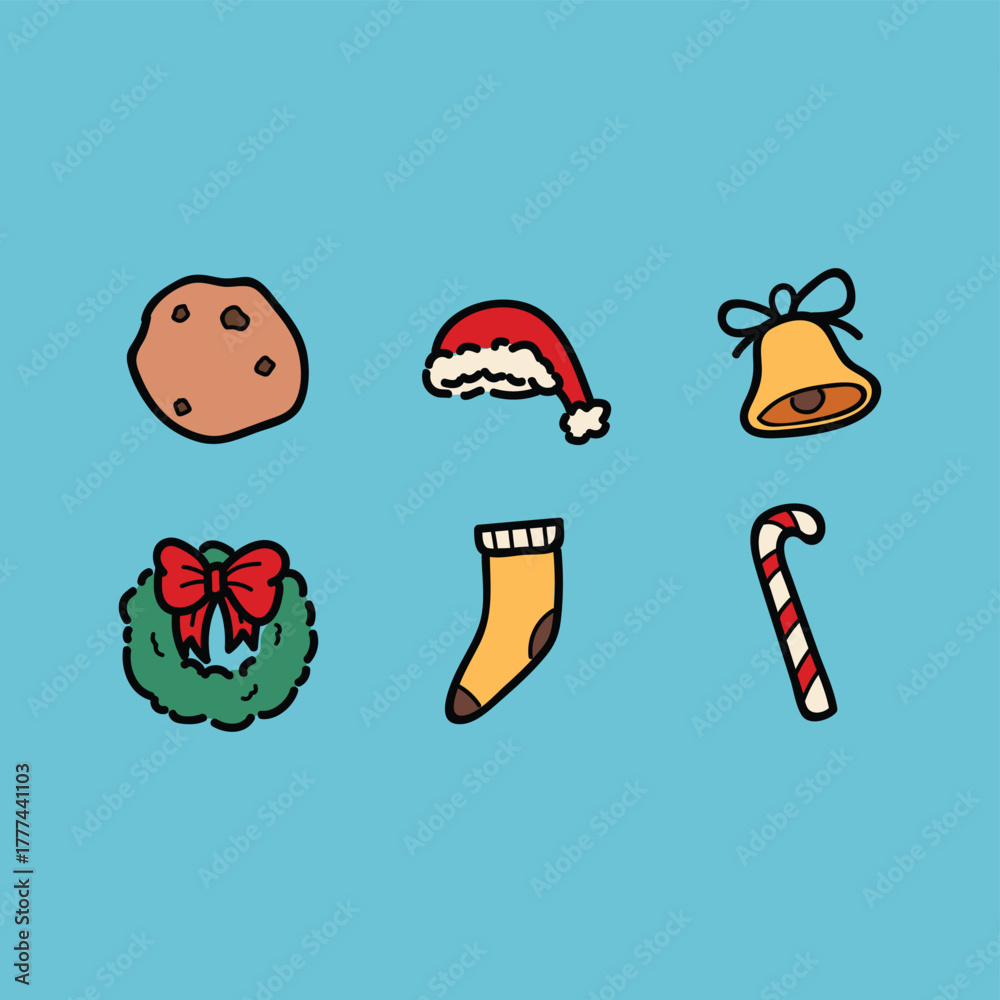 Fototapeta premium Festive Christmas Icons Set Featuring Cookie, Santa Hat, Bell, Wreath, Stocking and Candy Cane