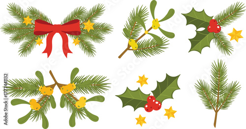 Set of six festive botanical illustrations with pine branches, holly leaves, berries, stars, mistletoe, and decorative holiday accents