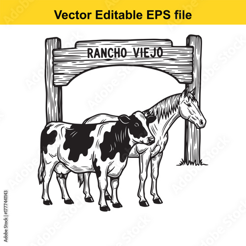 Black and white illustration of a cow and a horse standing under a wooden archway with rancho viejo text
