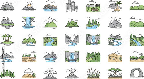 Line Art Scenery Icons Mountain Peaks, Waterfalls, River Scenes & Buildings set design