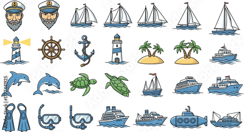 Marine Nautical Element Icons Sailboats, Captains, Lighthouse, Sea Animals