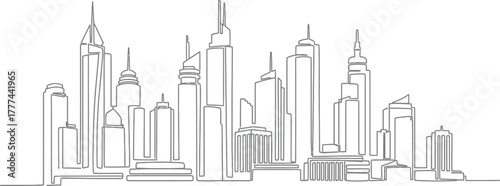 Minimalist Gray City Skyline Line Art on White Transparent Background