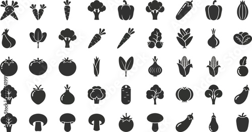 Monochrome Vegetables Icons Carrot, Broccoli, Eggplant, Pepper and Tomato Silhouettes