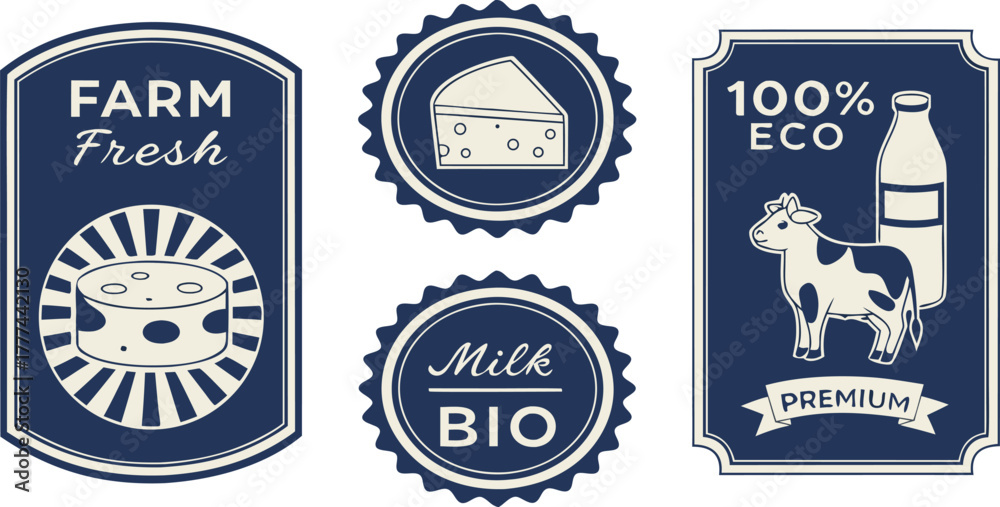 Obraz premium A collection of nine circular, rectangular, and banner-shaped logos or badges centered on dairy products. The logos are primarily blue and gold, with white and cream accents, featuring illustrations a