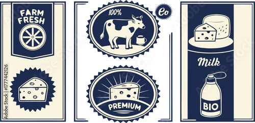 A collection of nine circular, rectangular, and banner-shaped logos or badges centered on dairy products. The logos are primarily blue and gold, with white and cream accents, featuring illustrations a