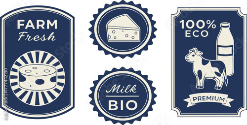 A collection of nine circular, rectangular, and banner-shaped logos or badges centered on dairy products. The logos are primarily blue and gold, with white and cream accents, featuring illustrations a