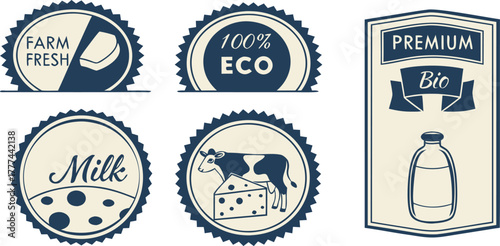 A collection of nine circular, rectangular, and banner-shaped logos or badges centered on dairy products. The logos are primarily blue and gold, with white and cream accents, featuring illustrations a