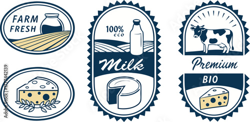 A collection of nine circular, rectangular, and banner-shaped logos or badges centered on dairy products. The logos are primarily blue and gold, with white and cream accents, featuring illustrations a